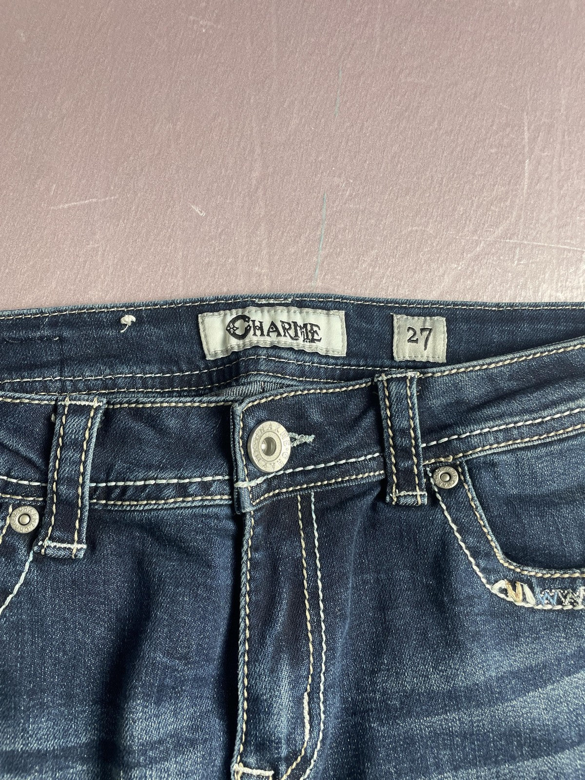 Charme Jeans Womens 27 Blue Bootcut Embroidered Distressed Medium Wash Denim