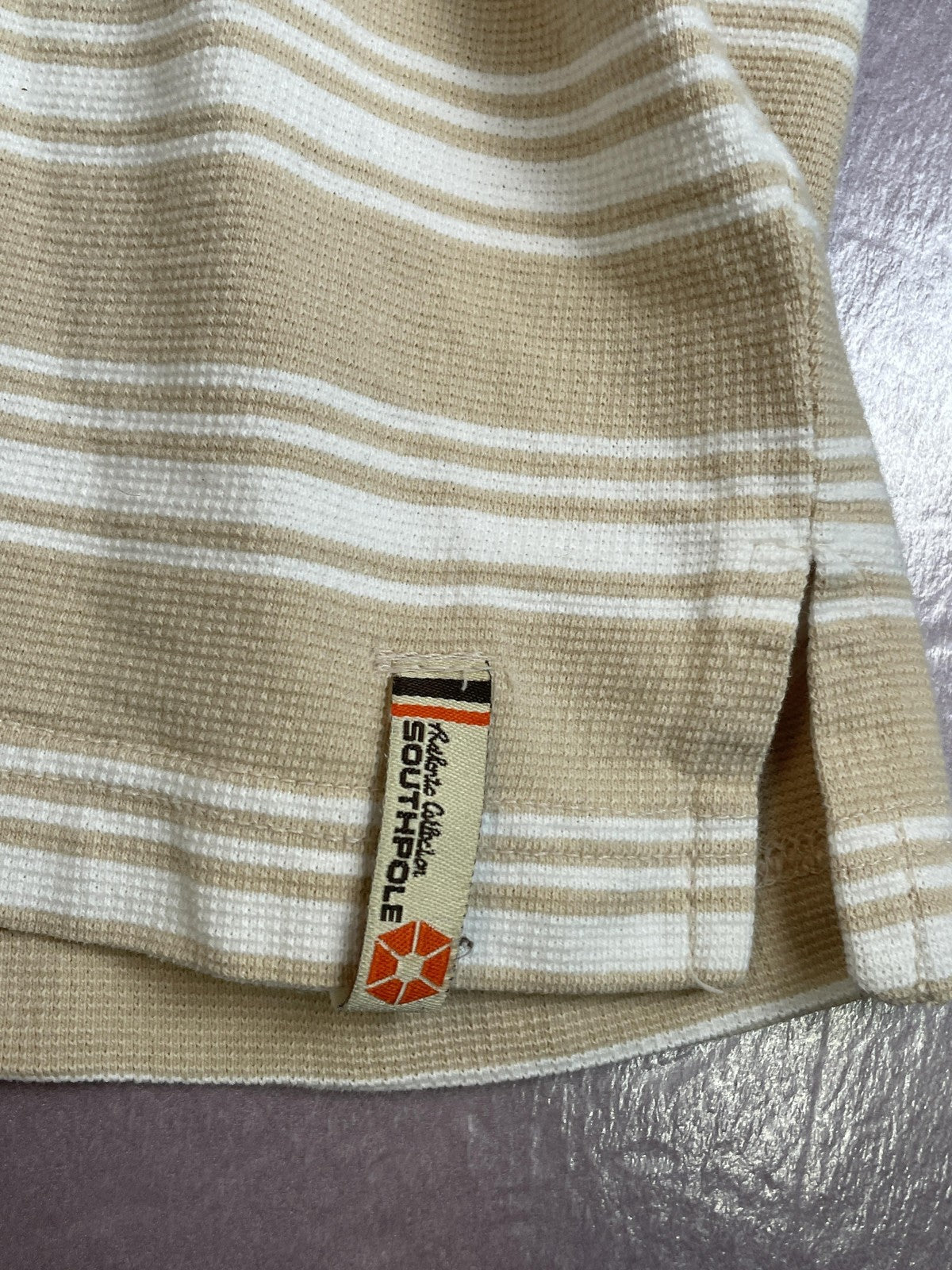 Southpole Polo Shirt Mens Large Tan White Stripe Short Sleeve Authentic Collared