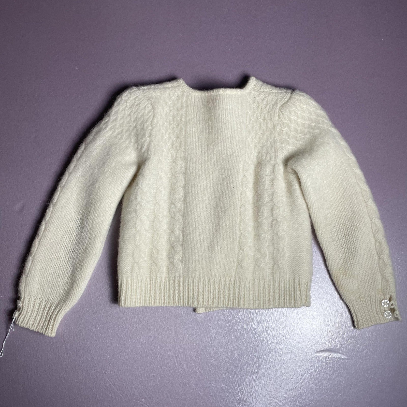 Hand Knit Cardigan Sweater Girls Small Ivory Cable Knit Crystal Flower Buttons