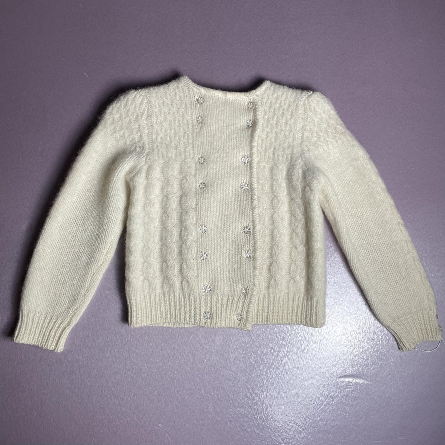 Hand Knit Cardigan Sweater Girls Small Ivory Cable Knit Crystal Flower Buttons