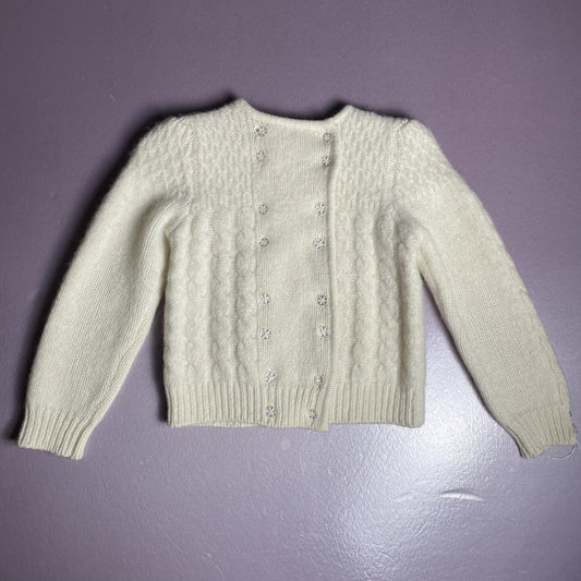 Hand Knit Cardigan Sweater Girls Small Ivory Cable Knit Crystal Flower Buttons