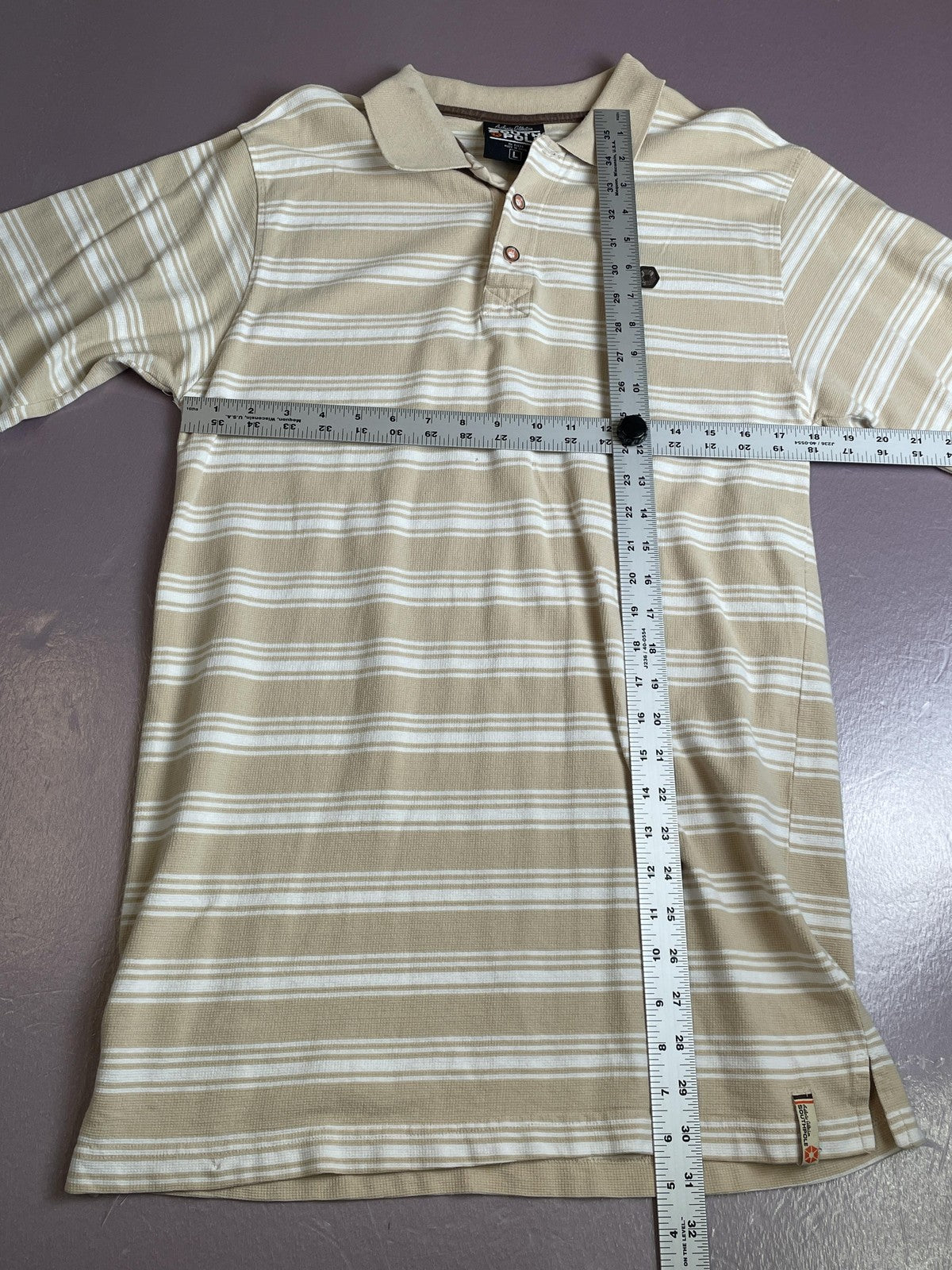 Southpole Polo Shirt Mens Large Tan White Stripe Short Sleeve Authentic Collared