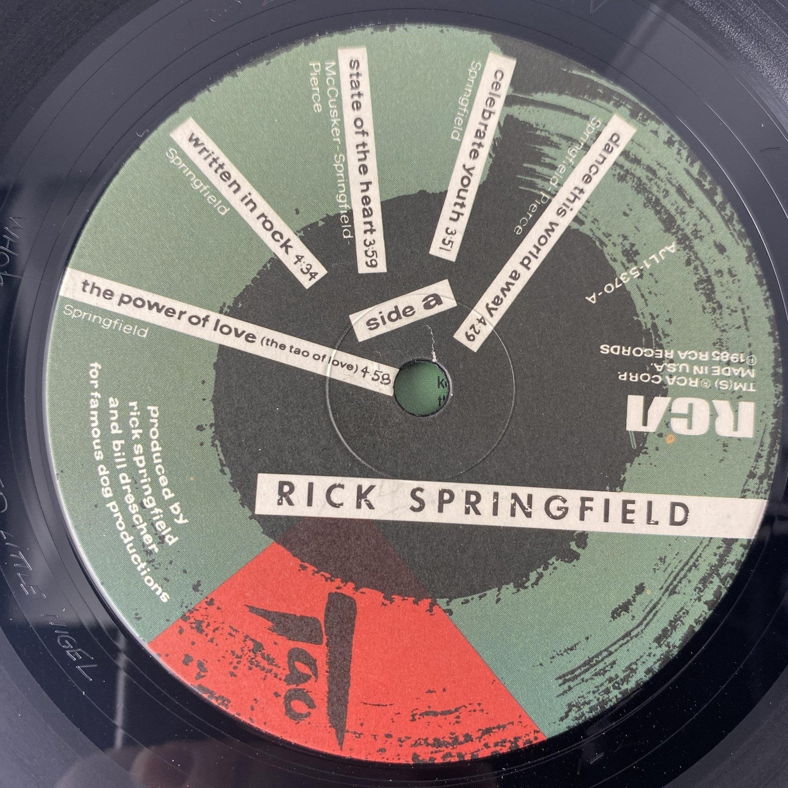 Vintage Rick Springfield Tao 12" Black Vinyl LP 1985 RCA Pop Rock Album