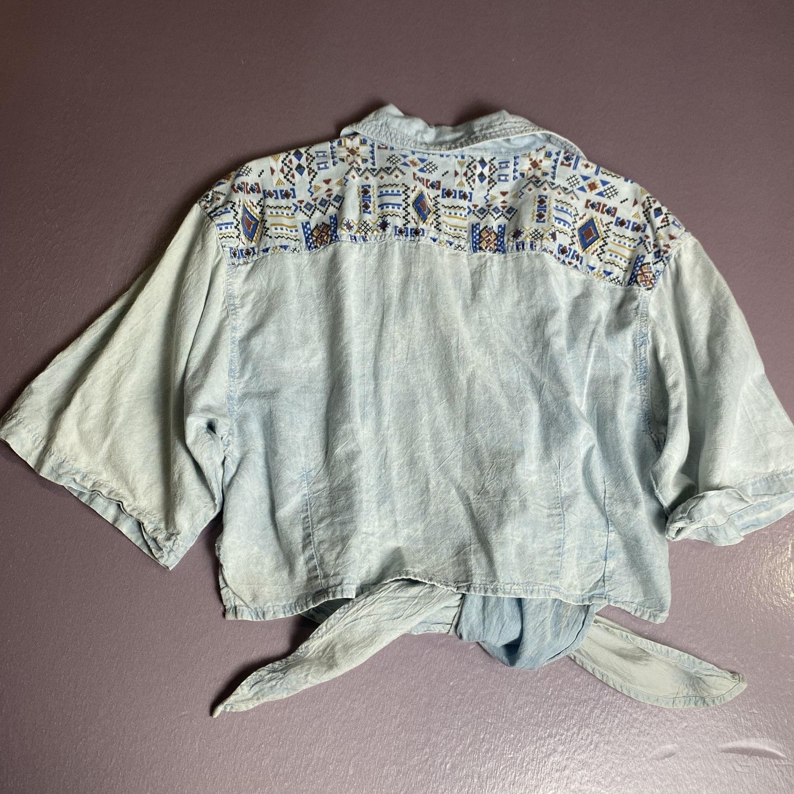 Style & Smile Shirt Womens Small Blue Short Sleeve Tie Front Southwestern Top