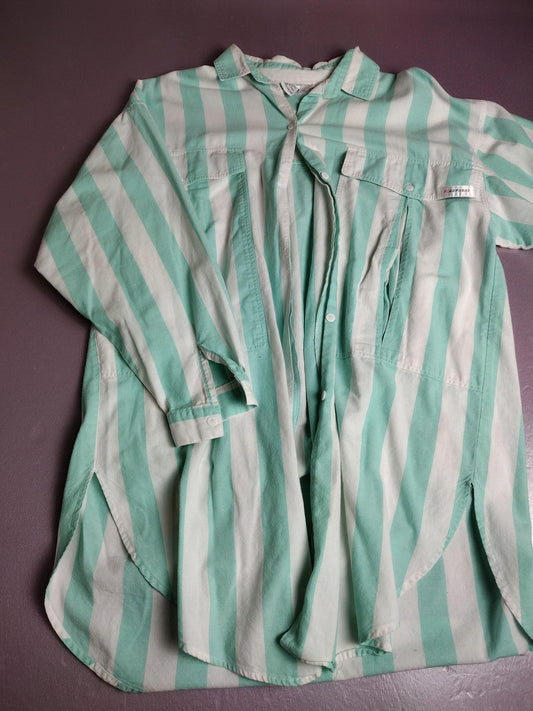 Green White Stripe Shirt Mens Large Button Front Long Sleeve Tunic Casual