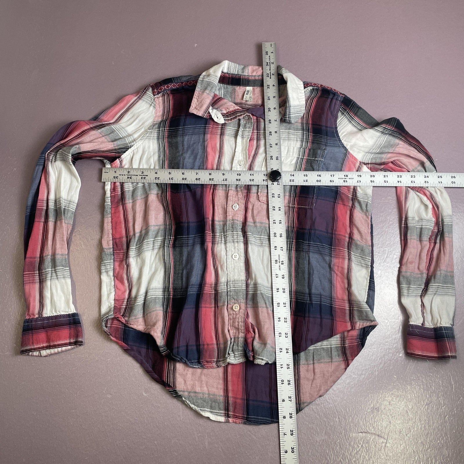 Mudd Shirt Womens Medium Pink Blue Plaid Button Down Long Sleeve Collared Casual