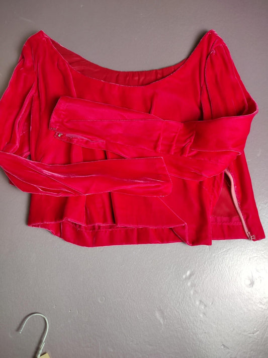 Red Velvet Shirt Womens Small Long Sleeve Cropped Side Zip Top Scoop Neck Party