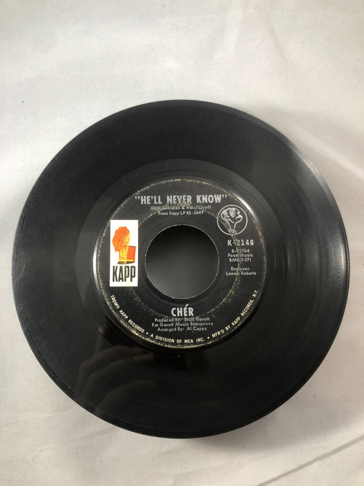 Cher He’ll Never Know Gypsys Tramps and Thieves 45 Record Kapp G+