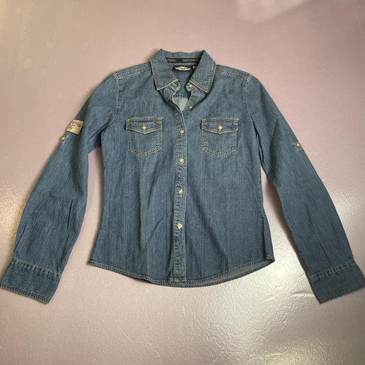 Harley-Davidson Shirt Womens XS Blue Denim Button Down Long Sleeve Western Logo
