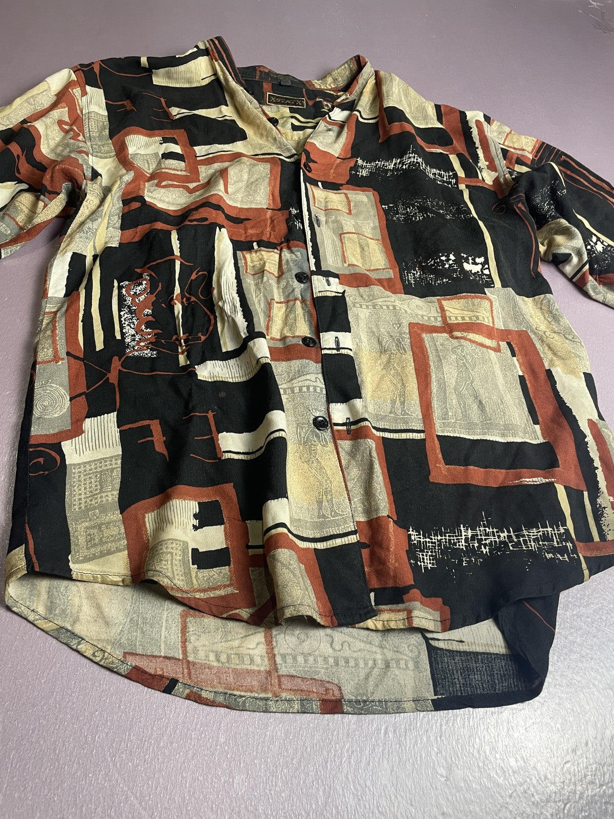 XSTATX Shirt Mens Large Black Tan Abstract Rayon Button Up Short Sleeve Camp