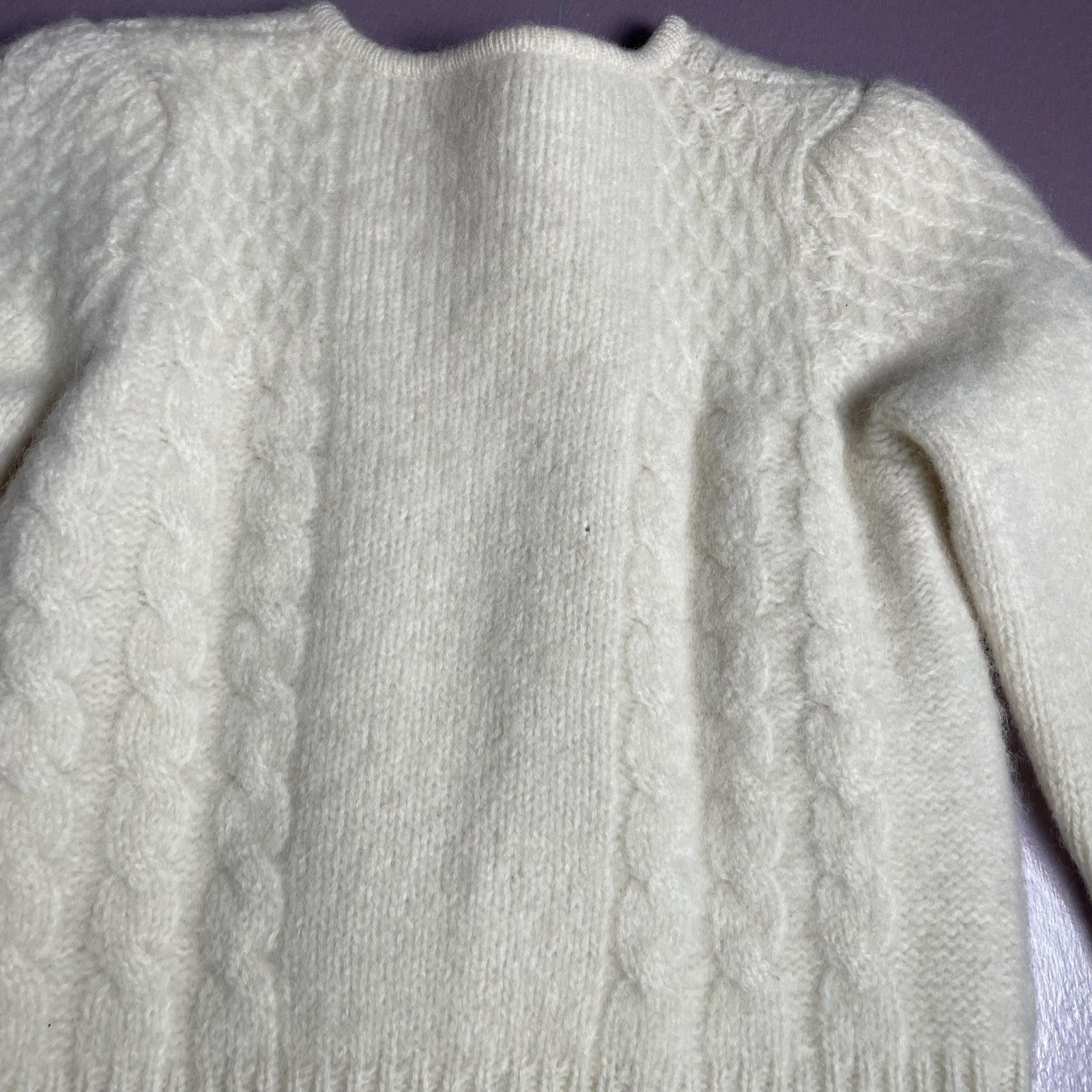 Hand Knit Cardigan Sweater Girls Small Ivory Cable Knit Crystal Flower Buttons
