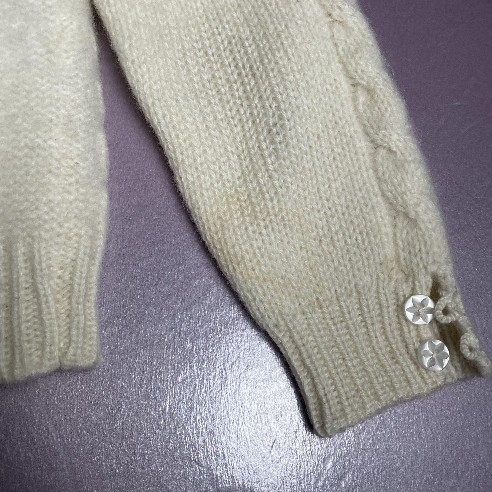 Hand Knit Cardigan Sweater Girls Small Ivory Cable Knit Crystal Flower Buttons