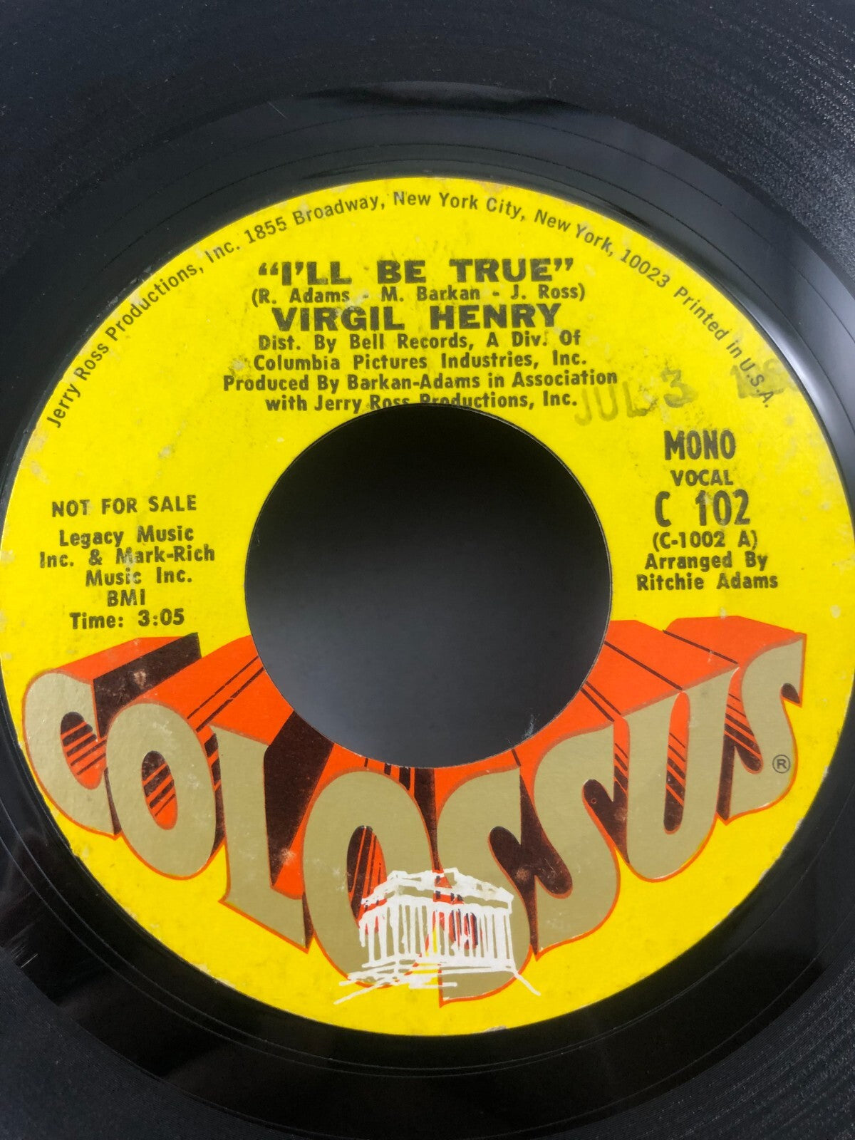 VIRGIL HENRY: I'll Be True US Colossus Northern Soul Promo 45 Hear VG RARE
