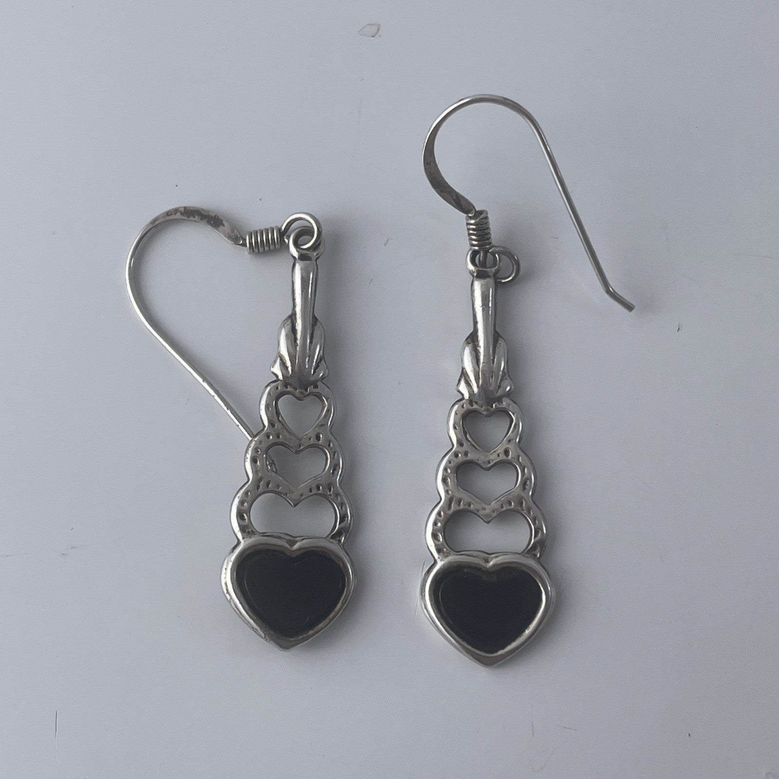 Vintage Sterling Silver 925 Black Onyx Heart Drop Earrings P525