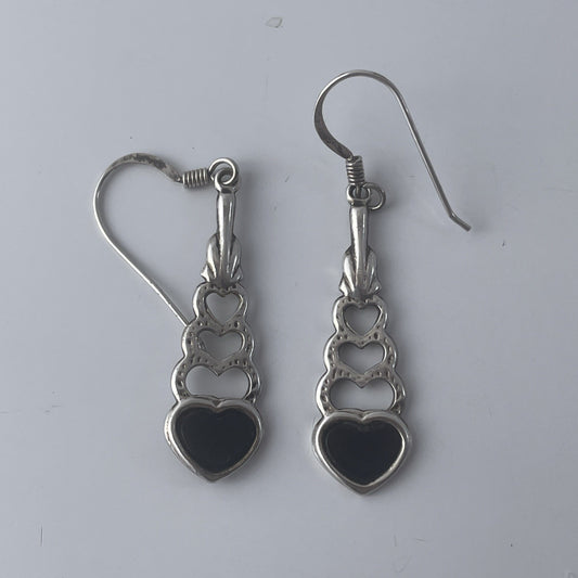 Vintage Sterling Silver 925 Black Onyx Heart Drop Earrings P525