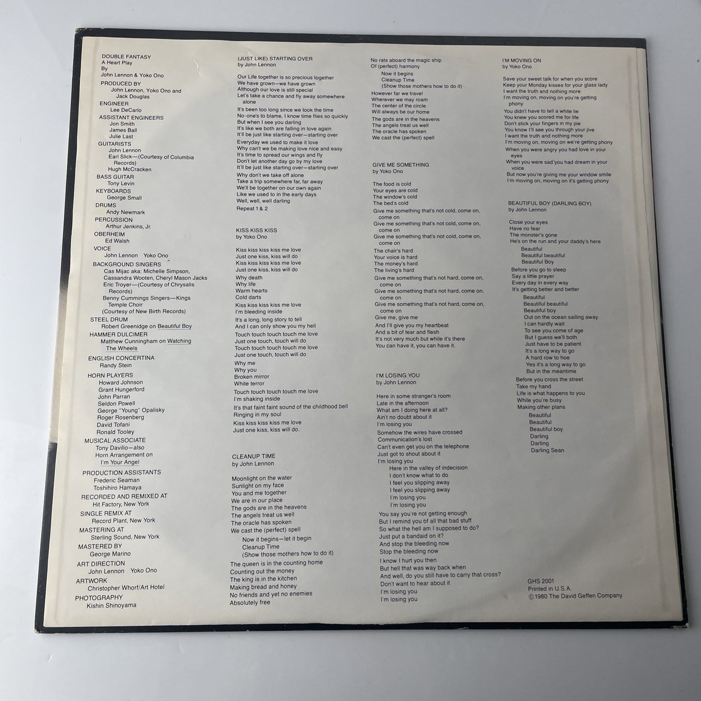 John Lennon & Yoko Ono, DOUBLE FANTASY, LP record, VG, Geffen GHS 2001