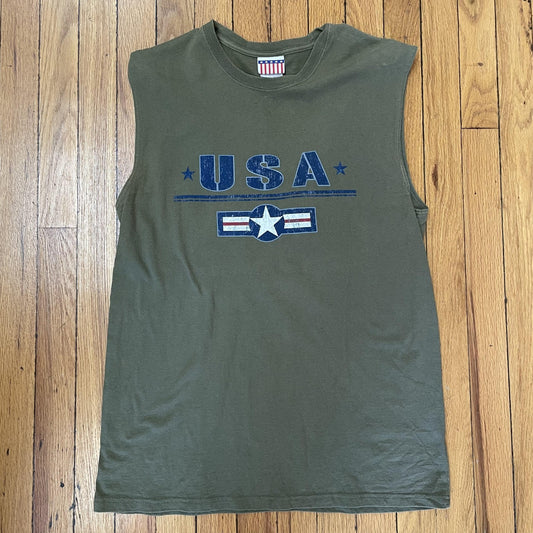 USA Shirt Mens Medium Olive Green Military Sleeveless Muscle Tank Tee Patriotic