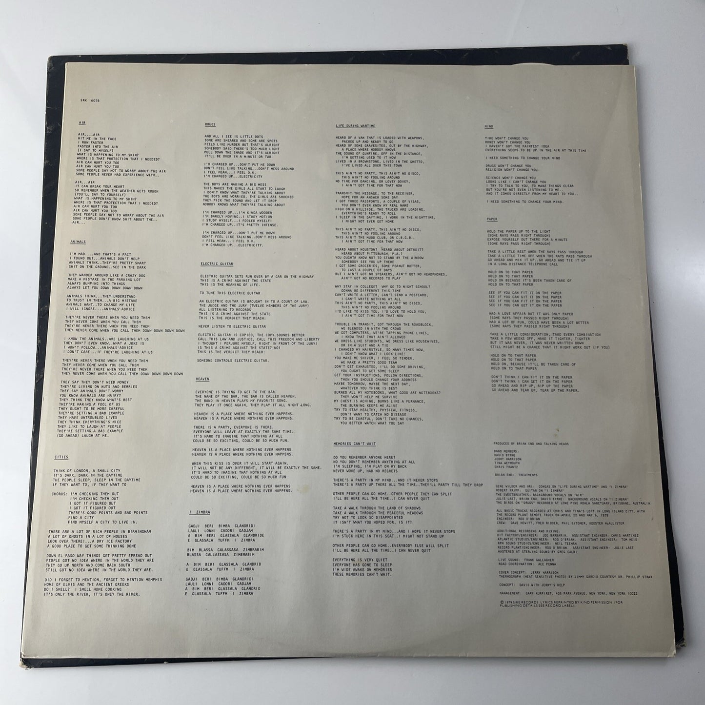 TALKING HEADS - Fear Of Music LP Vinyl 1979 Sire Records SKR 6076 Embossed Cover