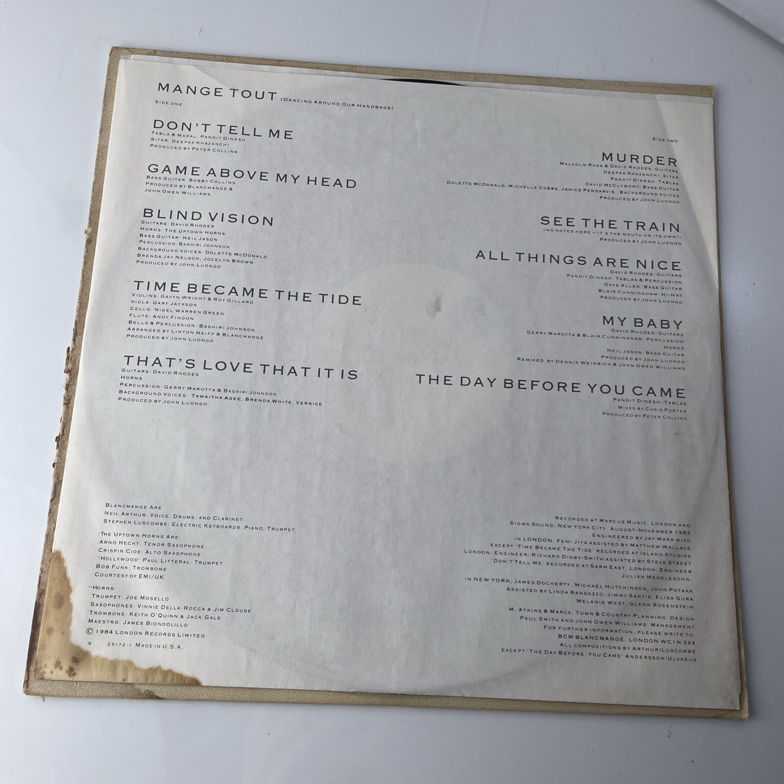 BLANCMANGE - Mange Tout - 1984 - Vinyl LP - Sire - 25172-1 - VG