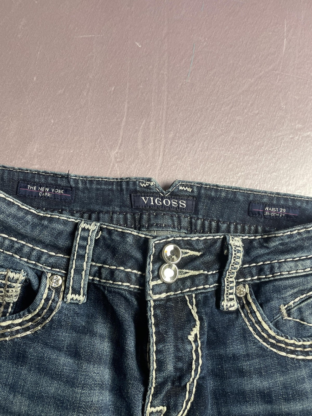 Vigoss Capri Jeans Womens 29 Blue Low Rise New York Embroidered Rhinestone Denim