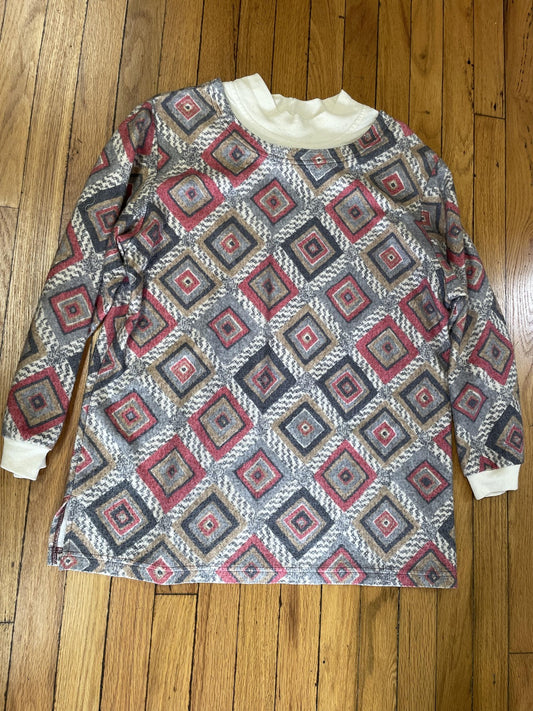 Blair Sweatshirt Womens Large Gray Red Diamond Print Tunic Mock Neck Pullover