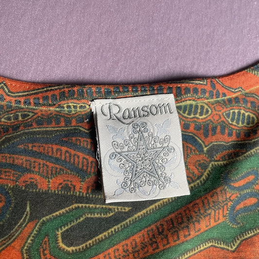 Ransom Tank Top Womens Medium Orange Green Paisley Ruffle Neck Sleeveless Boho