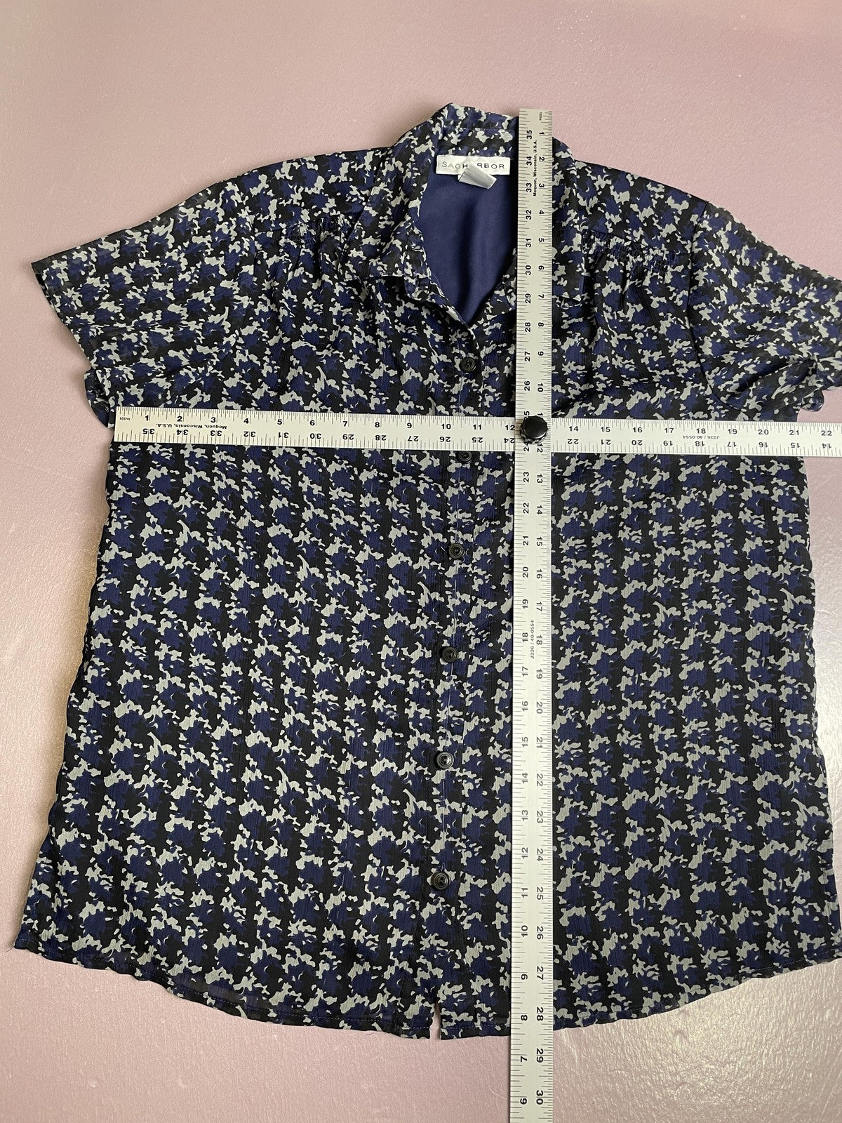 Sag Harbor Shirt Womens Medium Blue Black Abstract Print Button Front Lined Top