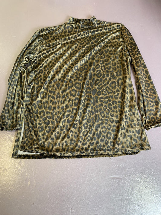 Amanda Shirt Womens Large Brown Leopard Animal Print Mock Neck Long Sleeve Top