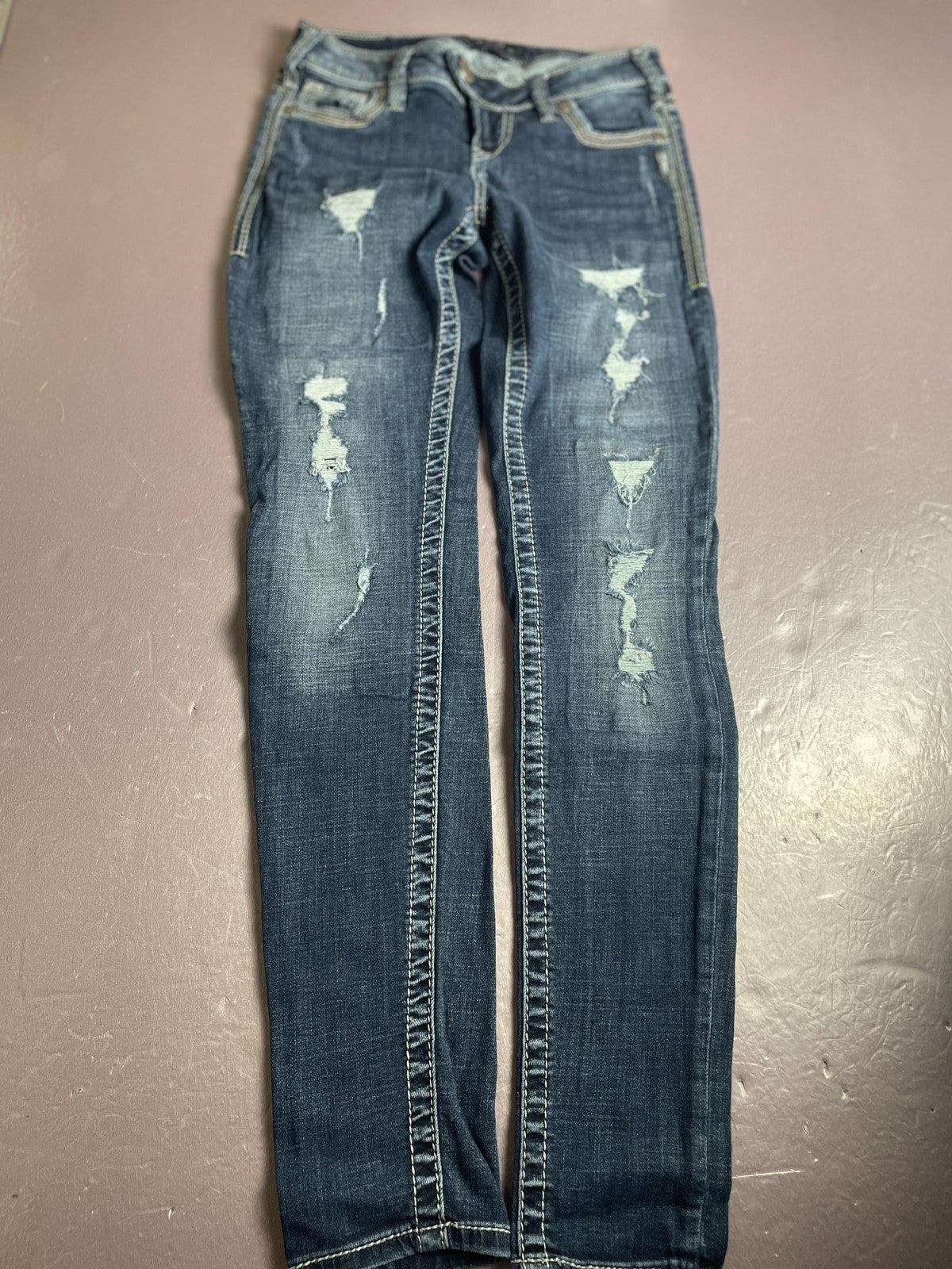 Silver Jeans Co Jeans Womens W27 L31 Blue Tuesday Skinny Distressed Embroidered