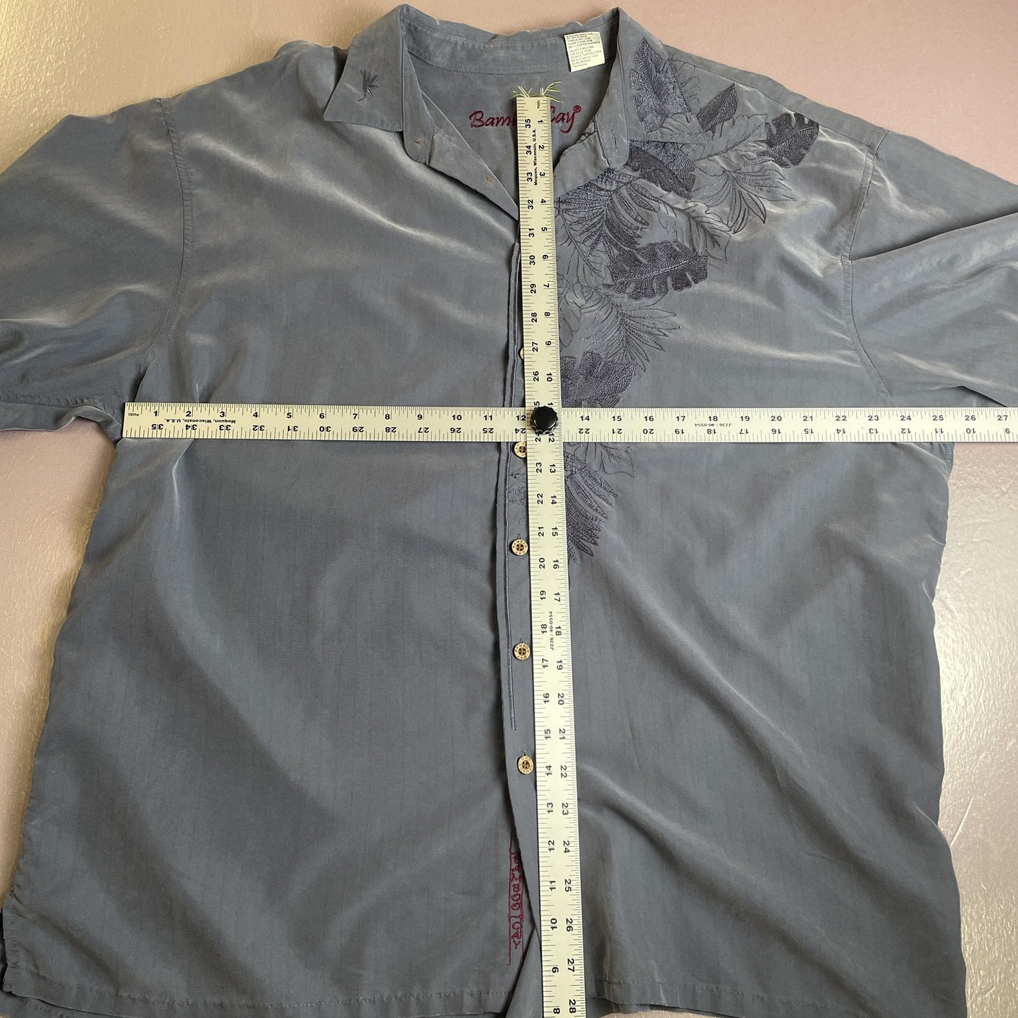 Bamboo Cay Shirt Mens 2XL Gray Embroidered Camp Hawaiian Tropical Button Front