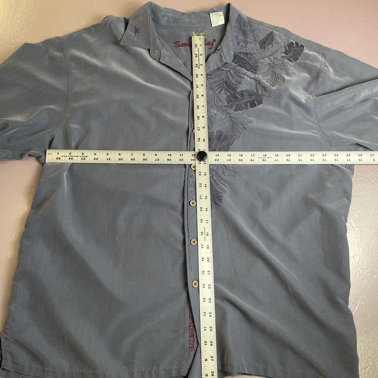 Bamboo Cay Shirt Mens 2XL Gray Embroidered Camp Hawaiian Tropical Button Front