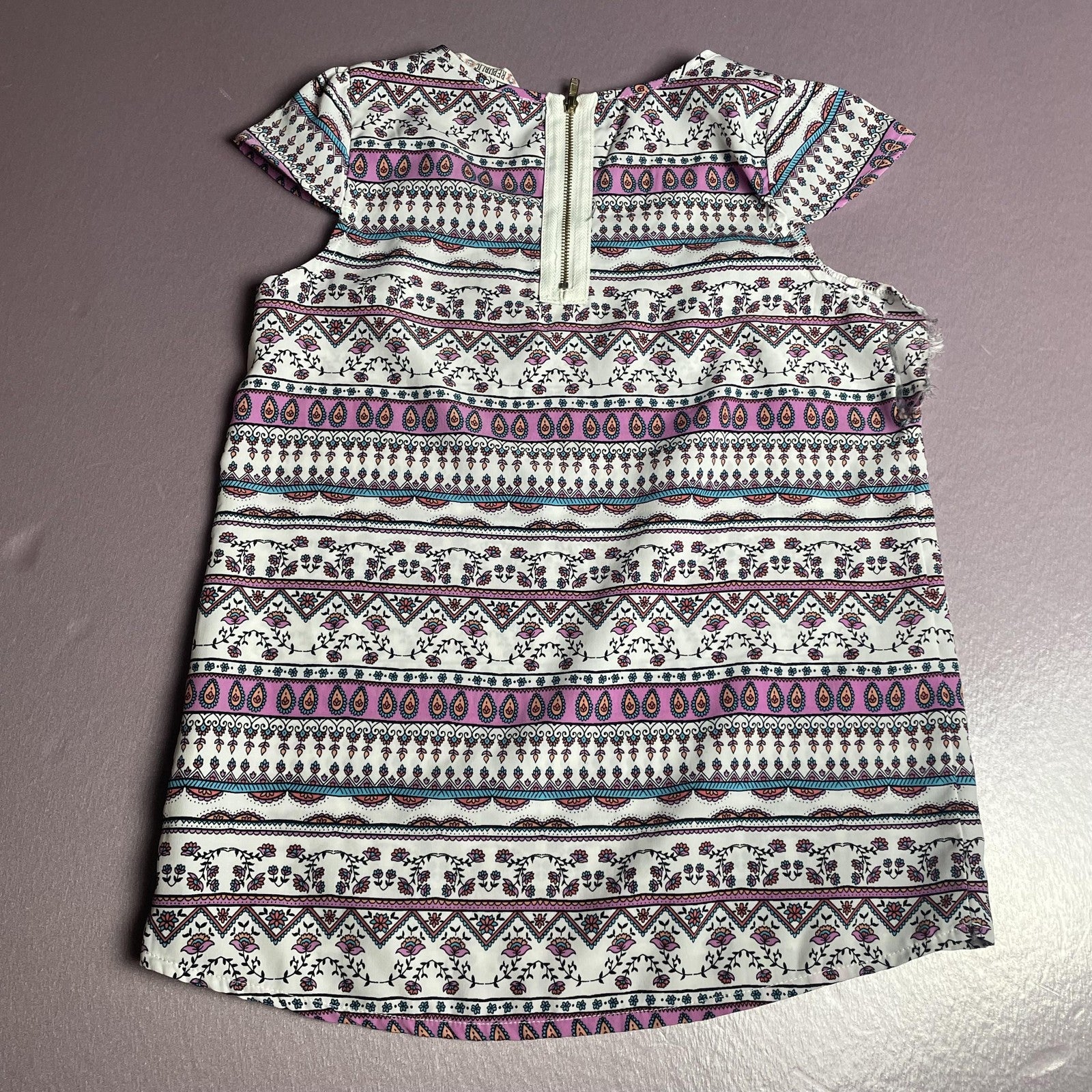 Pink Republic Dress Girls Small 7/8 White Purple Boho Aztec Print Short Sleeve
