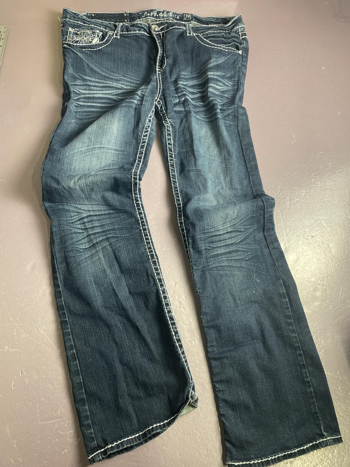 LA Idol Jeans Juniors 19 Blue High Rise Bootcut Embroidered Rhinestone Denim