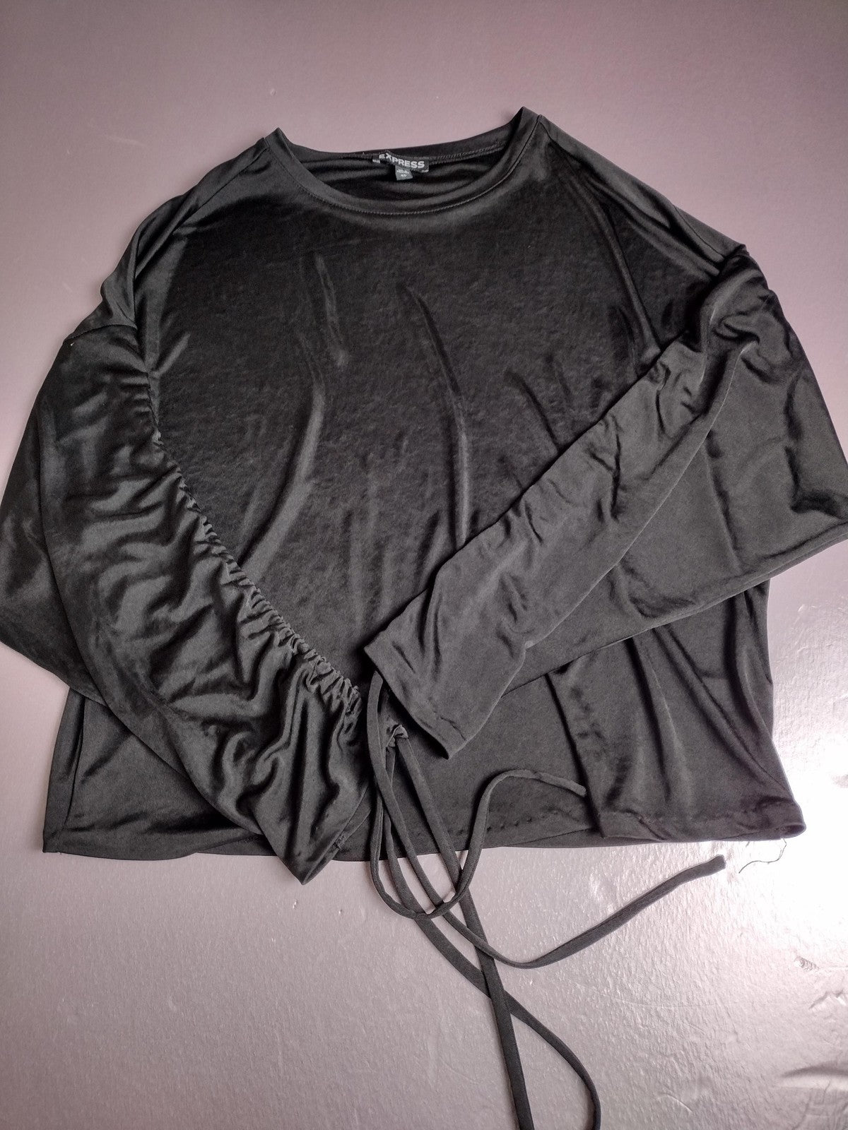 Express Shirt Womens XS Black Ruched Drawstring Long Sleeve Casual Top
