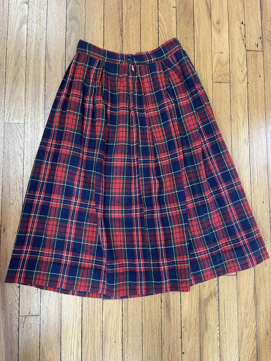 Vintage Plaid Wool Skirt Womens Medium Red Navy Pleated Tartan Midi 80s Classic