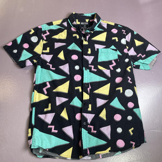 Massive Shirt Mens Medium Black Pastel Geometric Short Sleeve Casual Button Up