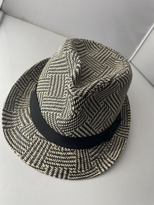 Milani Hat Fedora Fitted Mens Large Black Beige Straw Woven Herringbone Trilby