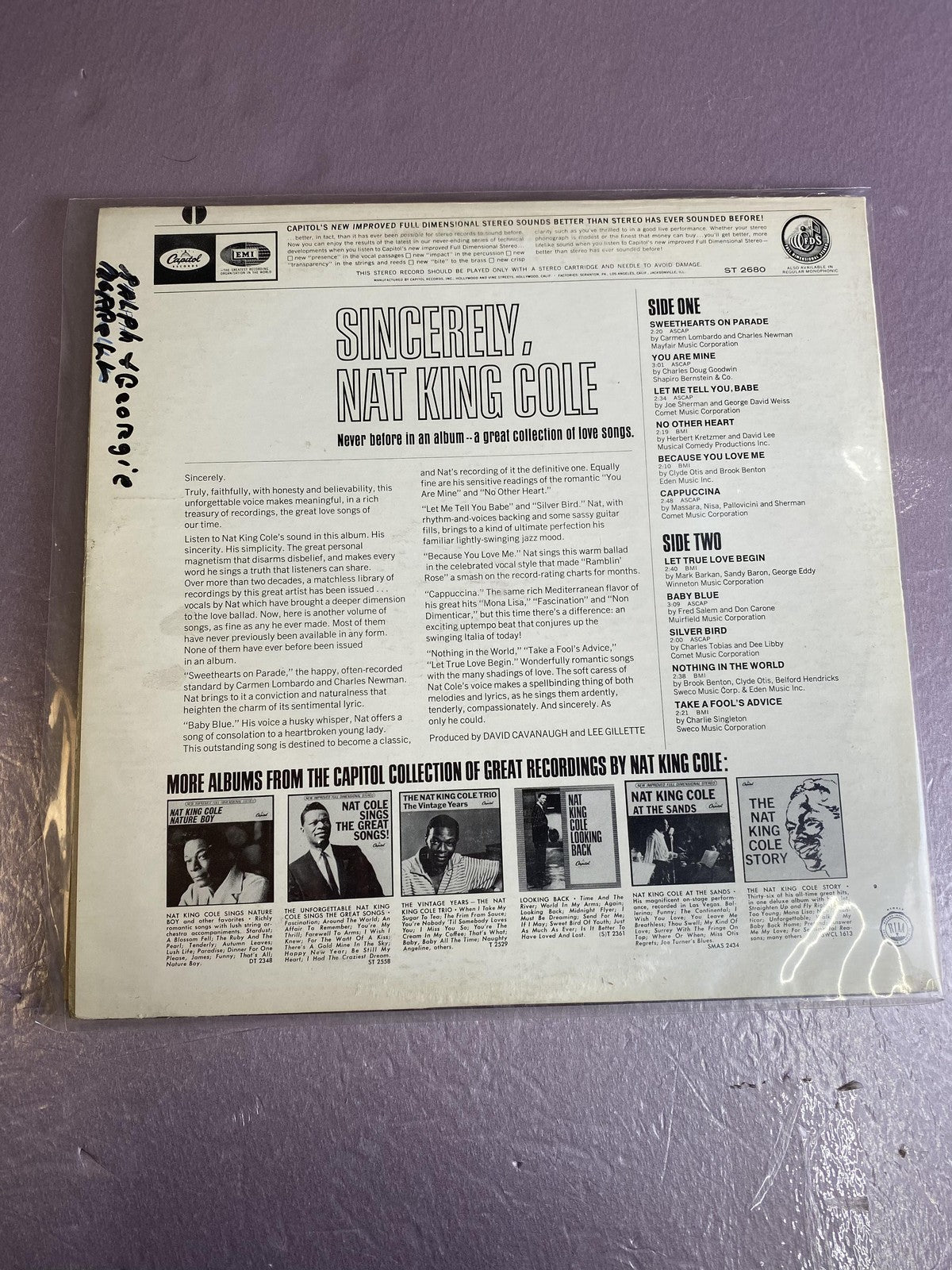 Vintage Nat King Cole Sincerely Nat King Cole Vinyl LP 1966 Capitol Jazz Vocal