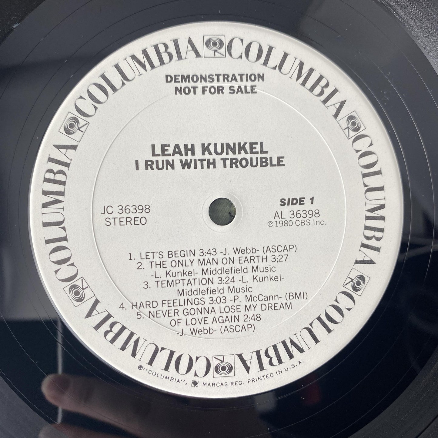 Vintage Leah Kunkel I Run With Trouble 12" Vinyl LP 1980 Columbia Rock Promo
