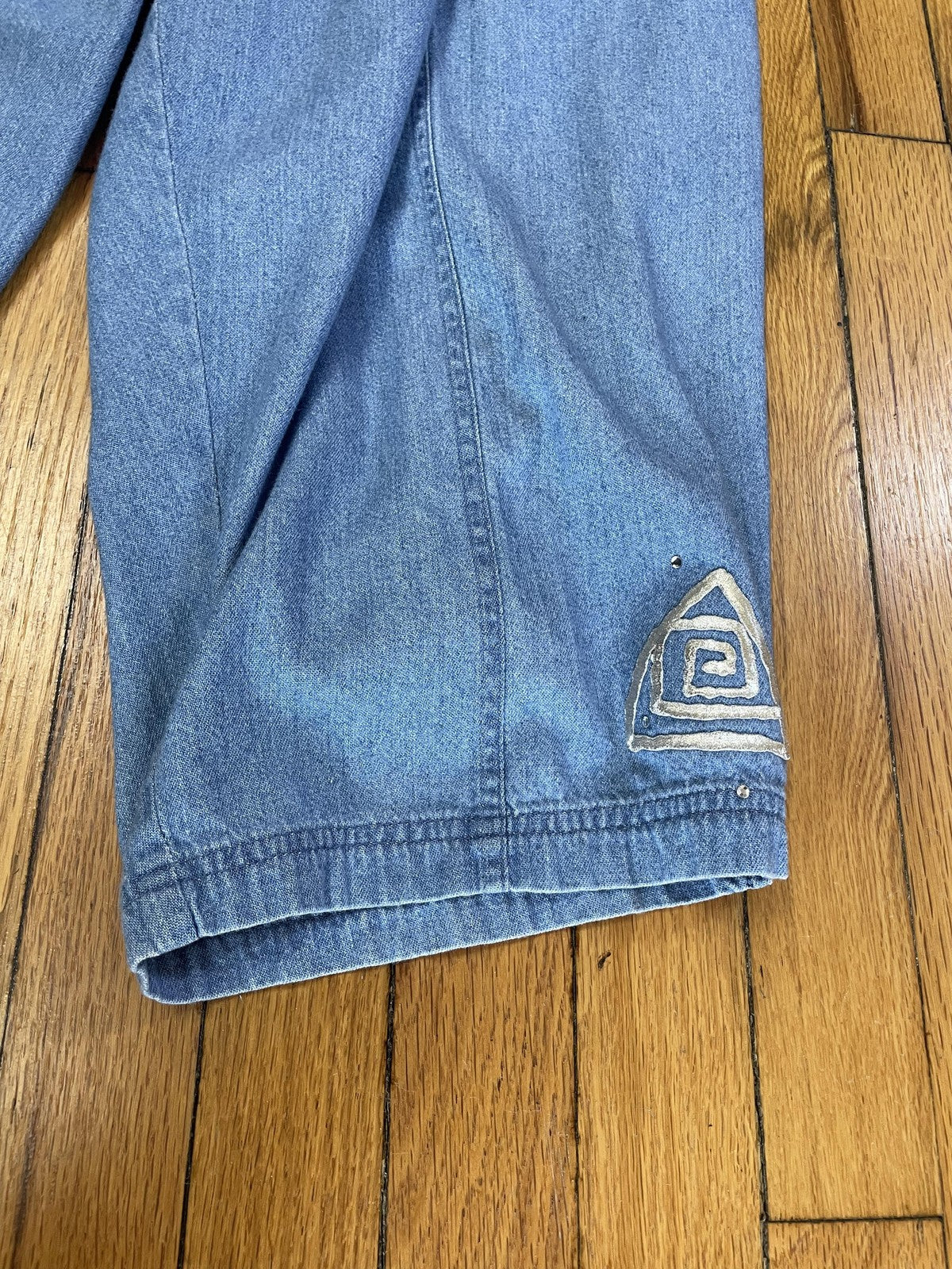 Las Olas Shirt Pants Set Womens 1X Blue Denim 2 Piece Cropped Aztec Sun Print
