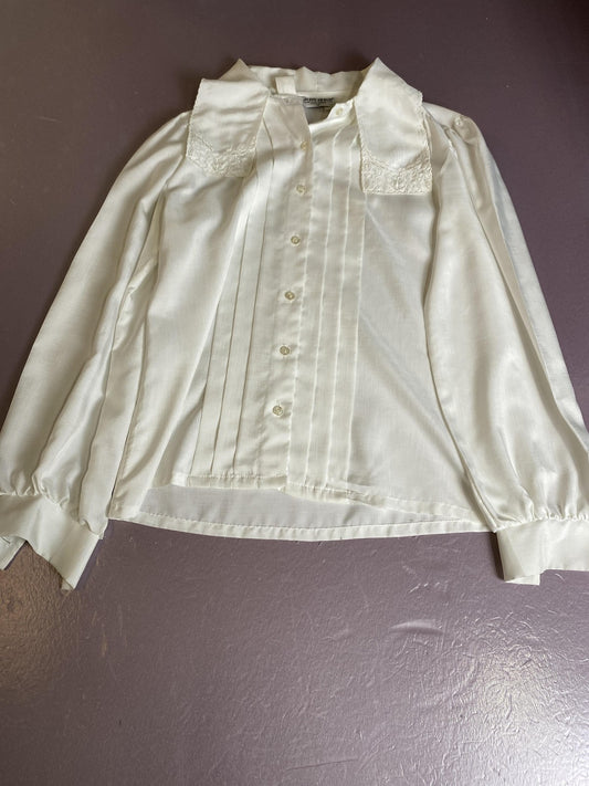 Vintage Judy Bond Blouse Womens 12 White Lace Collar Pleated Button Front 70s