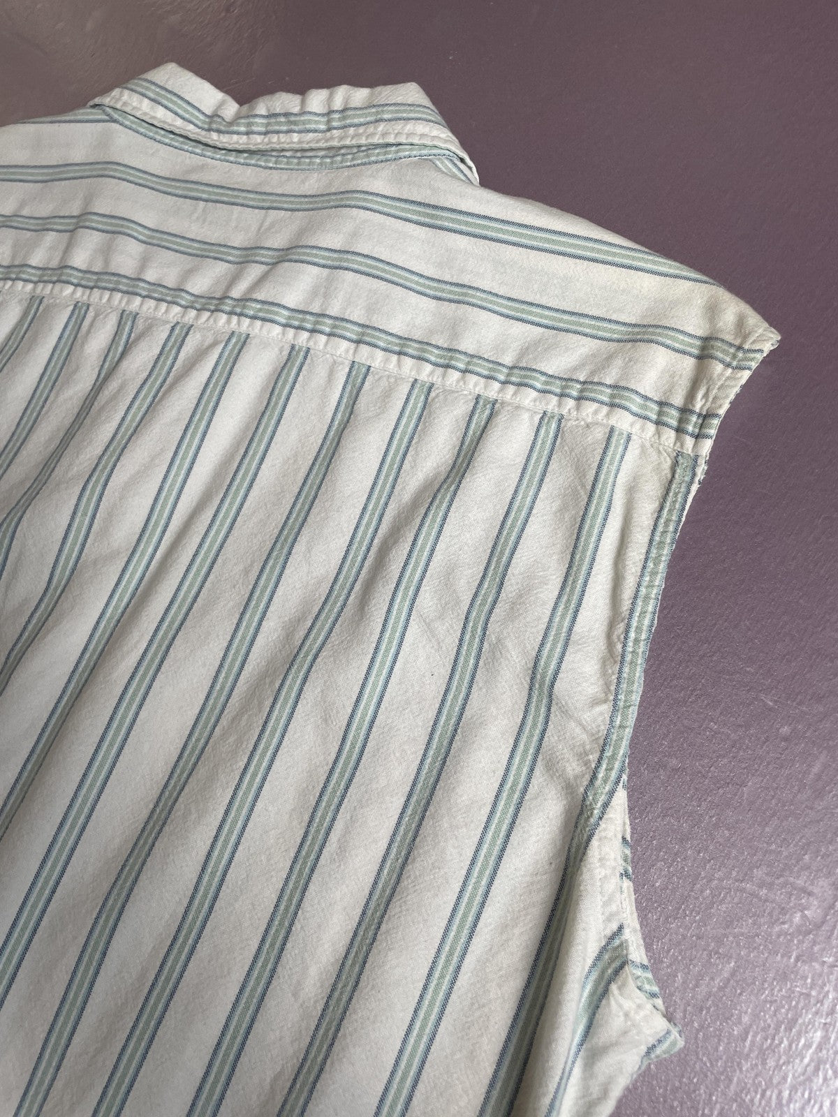 Machine Shirt Mens Large White Blue Green Stripe Sleeveless Button Down Cutoff