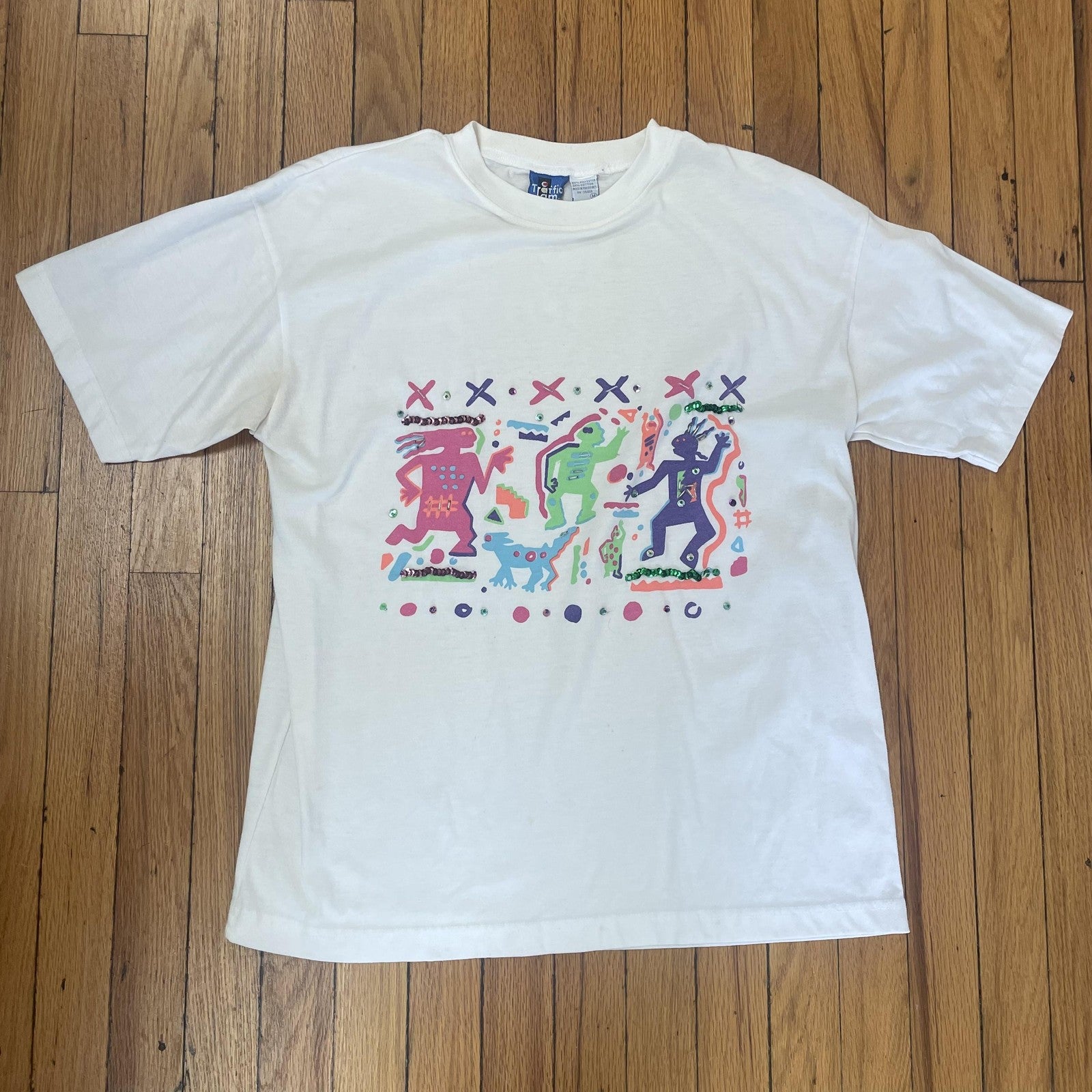 Vintage Traffic Jam Shirt Mens Medium White Abstract Art Sequin 90s Dance Tee