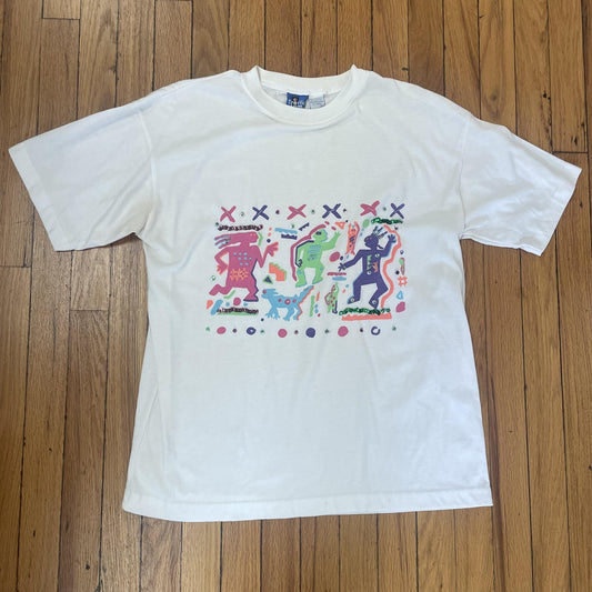 Vintage Traffic Jam Shirt Mens Medium White Abstract Art Sequin 90s Dance Tee