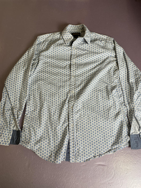 Cremieux Shirt Mens Medium White Blue Geometric Button Up Long Sleeve Stretch