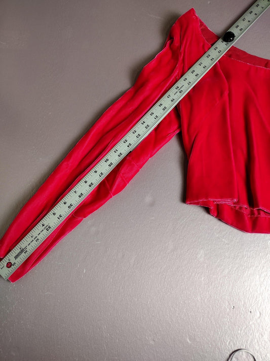 Red Velvet Shirt Womens Small Long Sleeve Cropped Side Zip Top Scoop Neck Party