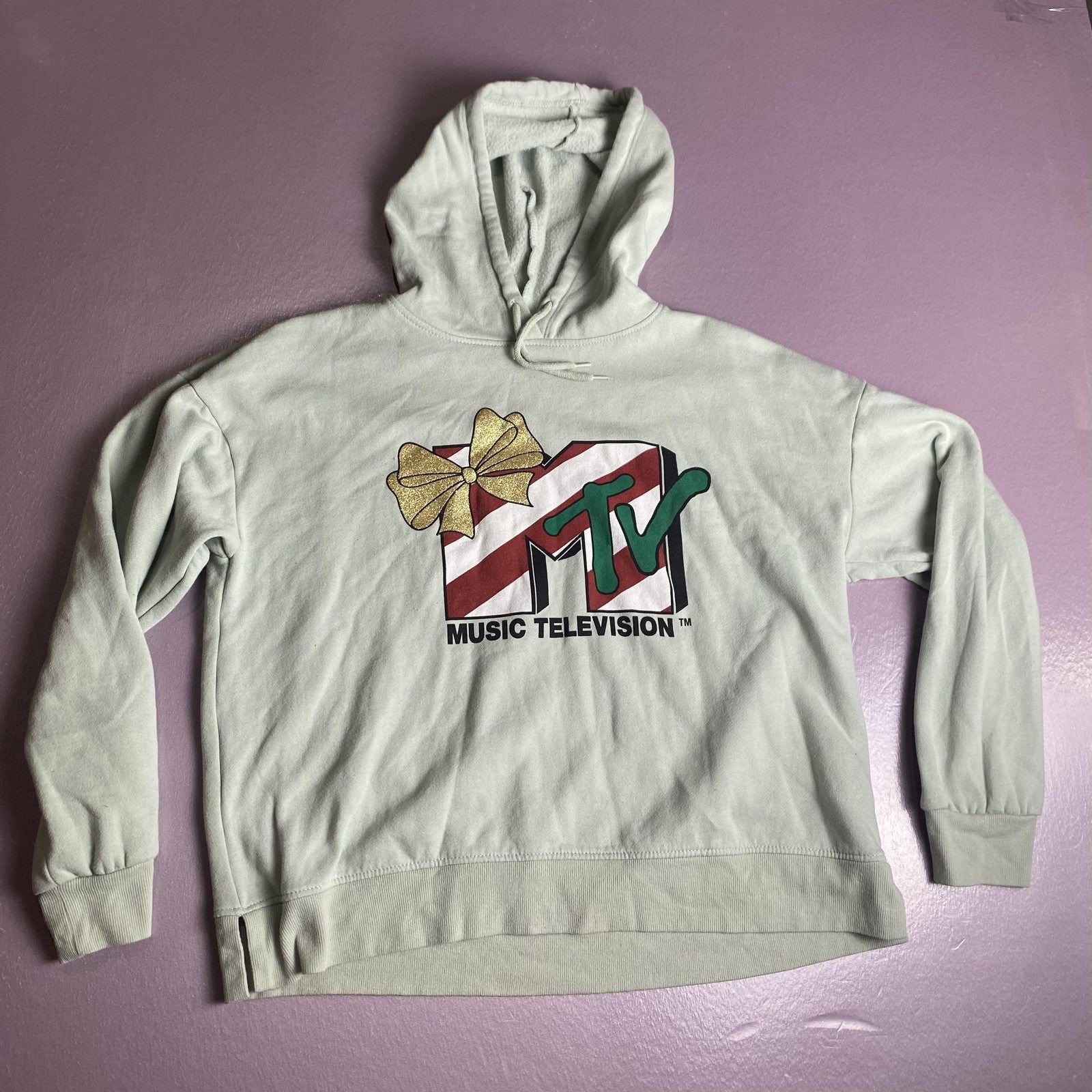 MTV Hoodie Mens Large Gray Holiday Music Television Candy Cane Bow Pullover 2021