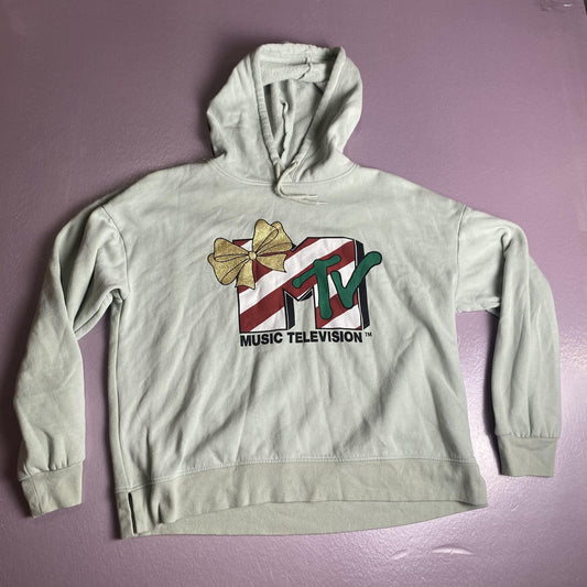 MTV Hoodie Mens Large Gray Holiday Music Television Candy Cane Bow Pullover 2021