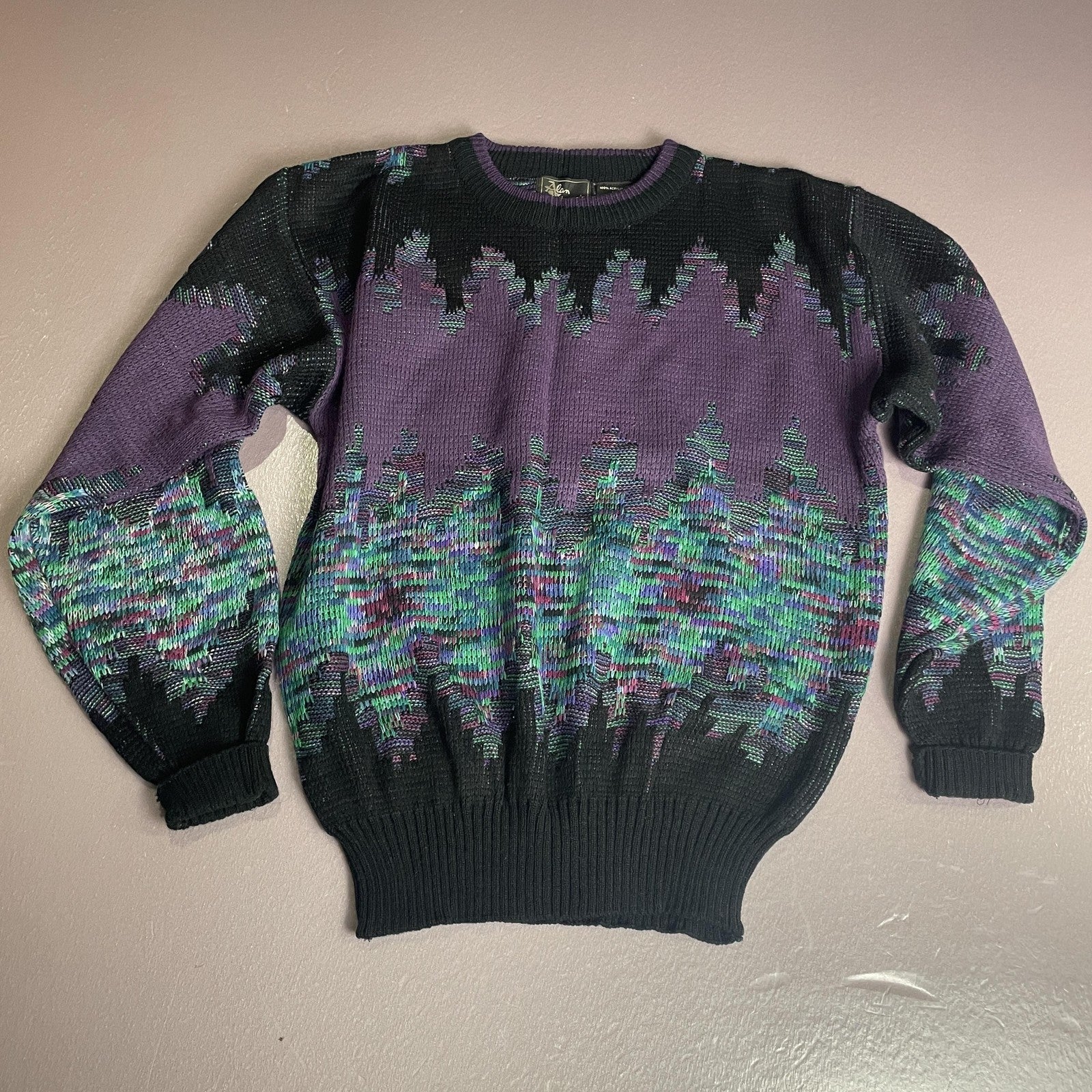 Vintage Alan Stuart Sweater Mens Medium Black Purple Abstract Textured Knit 80s