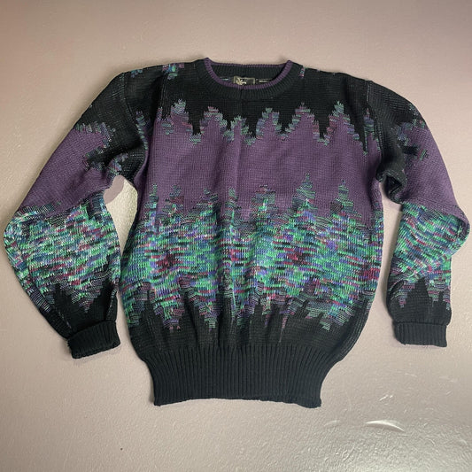 Vintage Alan Stuart Sweater Mens Medium Black Purple Abstract Textured Knit 80s